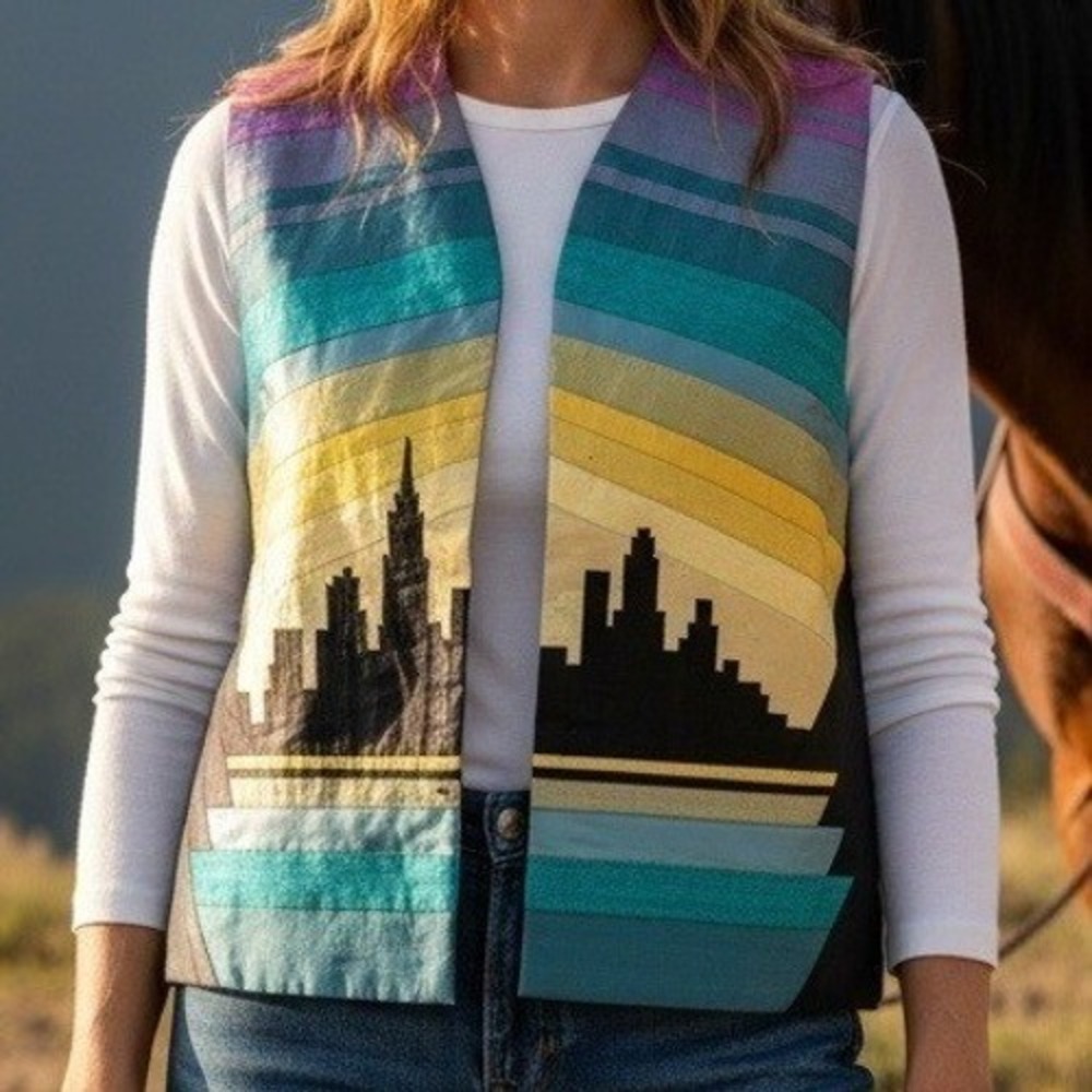 Unique Skyline Geometric Patchwork Vest Women's Artsy Boho Cowgirl Rodeo Size Lg